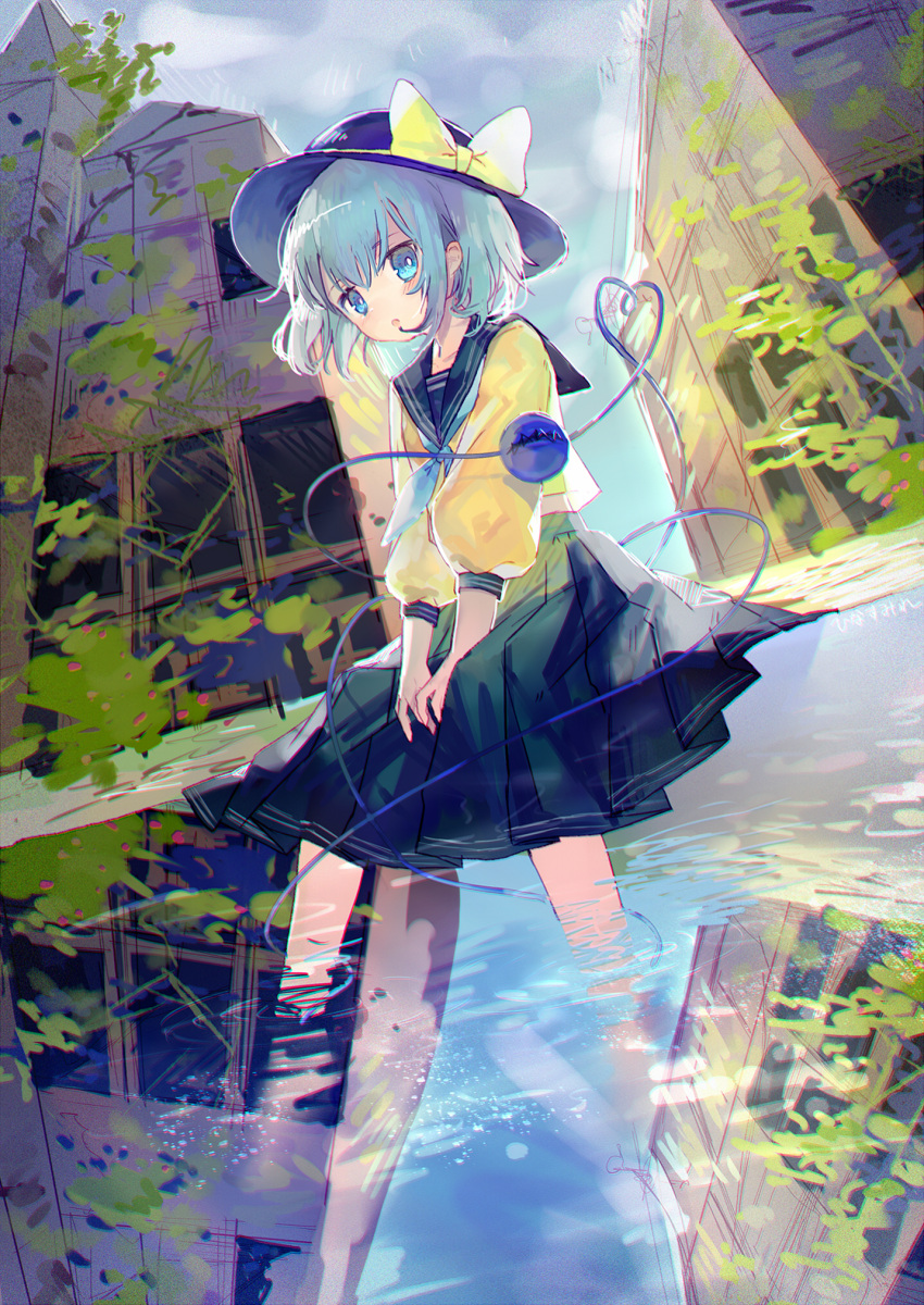 1girl adapted_costume aqua_eyes aqua_hair black_hat blue_sky bow clouds cloudy_sky collared_shirt eyeball green_skirt hat hat_bow hat_ribbon heart heart_of_string highres hinasumire komeiji_koishi long_sleeves open_mouth plant reflection ribbon ripples ruins sailor_collar school_uniform serafuku shirt skirt sky smile soaking_feet solo string third_eye touhou water wavy_hair wide_sleeves yellow_shirt