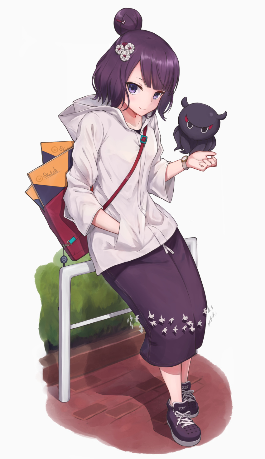 1girl absurdres bag bangs black_eyes black_footwear black_hair black_skirt casual fate/grand_order fate_(series) flower grey_hoodie hair_bun hair_flower hair_ornament hand_in_pocket highres hood hood_down katsushika_hokusai_(fate/grand_order) kou_v05first medium_skirt octopus outdoors railing shoes short_hair sitting sitting_on_railing sketchbook skirt smile solo watch watch