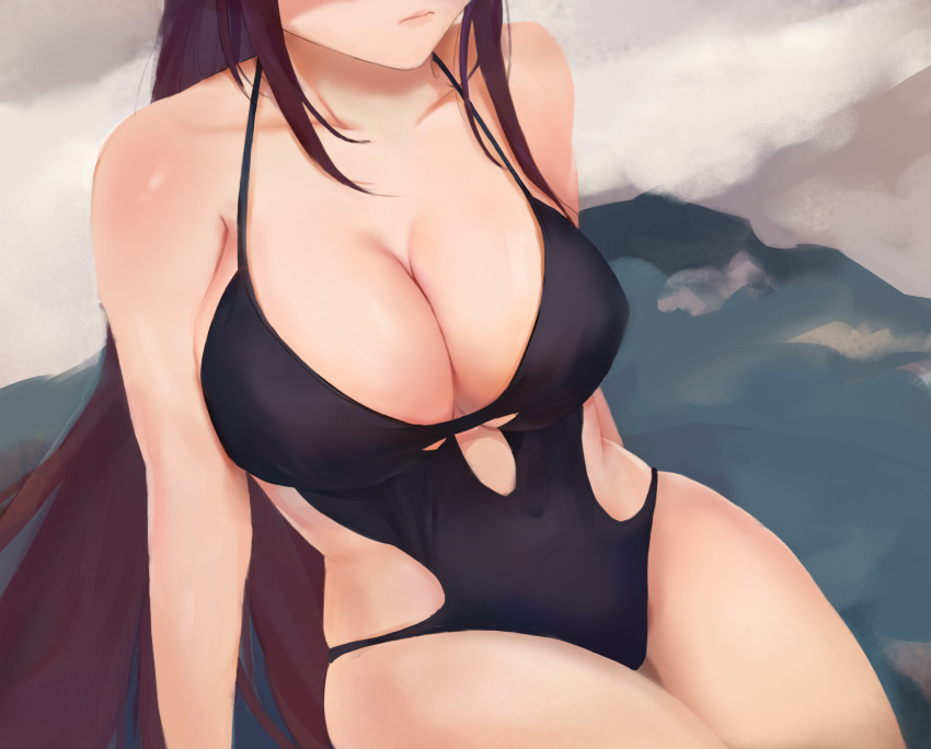1girl arm_support bare_arms bare_legs bare_shoulders black_swimsuit breasts casual_one-piece_swimsuit cleavage cleavage_cutout closed_mouth collarbone commentary_request covered_navel curvy erect_nipples expressionless facing_viewer head_out_of_frame highres large_breasts lips long_hair ocean one-piece_swimsuit original outdoors purple_hair side_cutout sideboob sitting solo straight_hair swimsuit under_boob very_long_hair