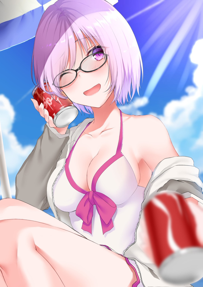 1girl blue_sky blurry blush breasts can cleavage clouds depth_of_field eyebrows_visible_through_hair fate/grand_order fate_(series) glasses hair_over_one_eye highres hizuki_higure jacket jacket_over_swimsuit mash_kyrielight purple_hair short_hair sky smile soda_can solo swimsuit swimsuit_under_clothes umbrella violet_eyes wink