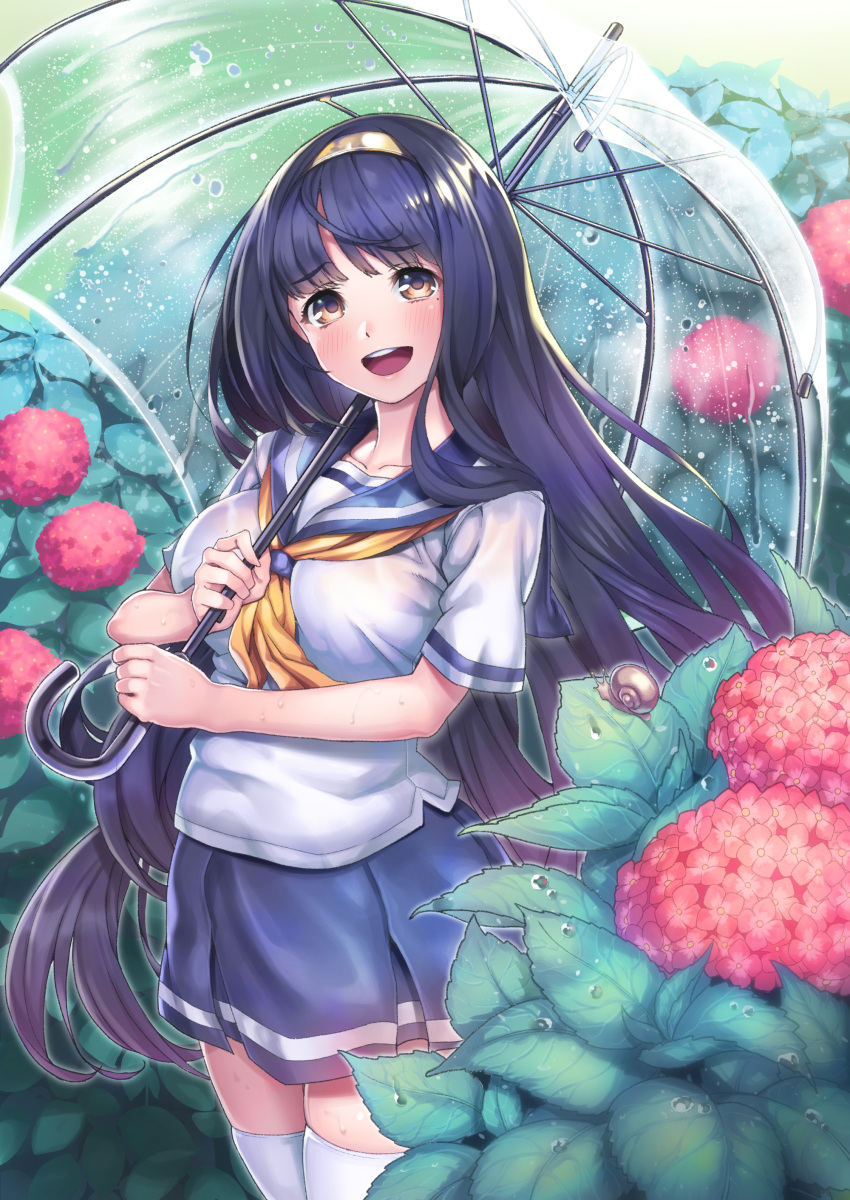 1girl absurdres bangs black_eyes blue_hair breasts commentary_request day eyebrows_visible_through_hair flower hairband highres holding holding_umbrella hydrangea kabu_(e90vwggy) large_breasts long_hair looking_at_viewer neckerchief original outdoors pink_flower school_uniform serafuku short_sleeves skindentation skirt snail solo thigh-highs transparent_umbrella umbrella very_long_hair white_legwear yellow_neckwear