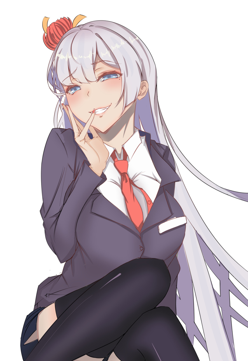 1girl absurdres alternate_costume azur_lane bangs black_legwear blazer blue_eyes blush breasts eyebrows_visible_through_hair flower hair_ornament half-closed_eyes head_tilt highres jacket knee_up large_breasts long_hair looking_at_viewer mole mole_under_eye necktie parted_lips pencil_skirt red_neckwear shirt shoukaku_(azur_lane) silver_hair sitting skirt smile smirk solo tastysalt thigh-highs white_shirt