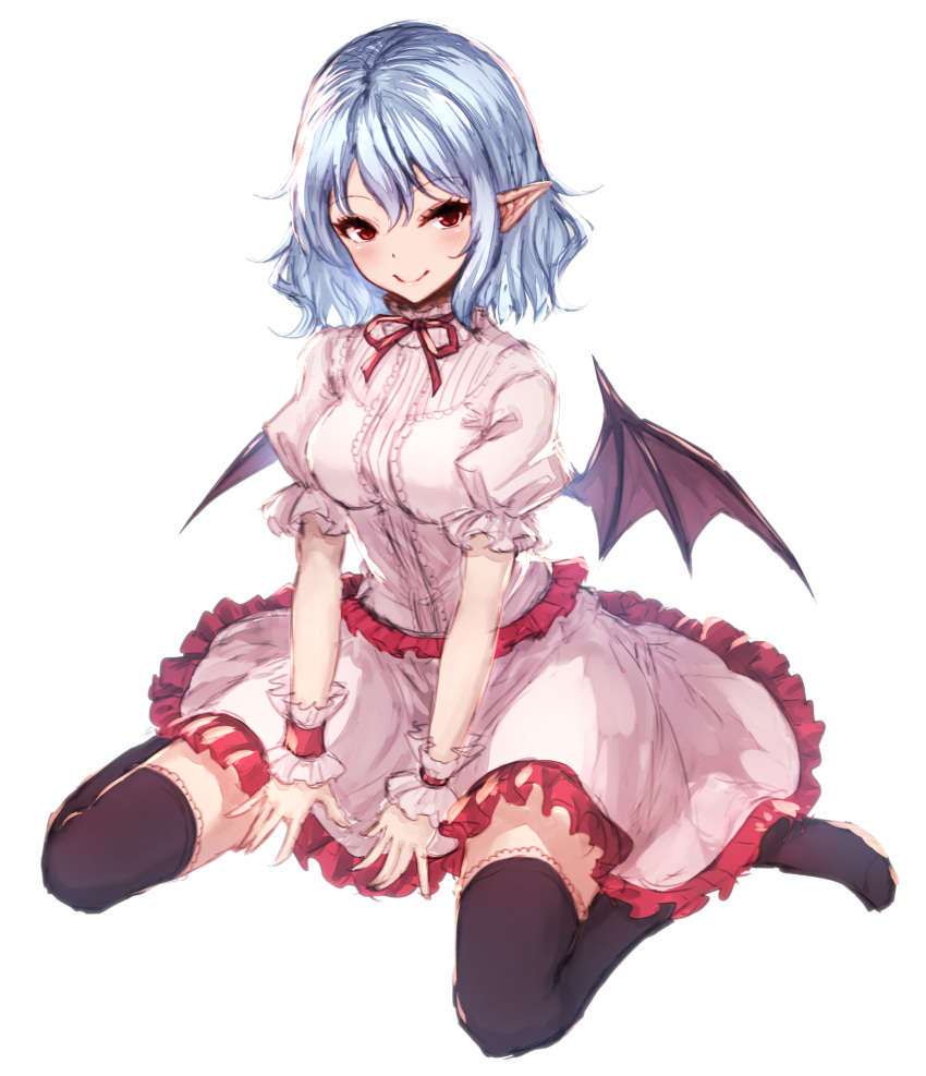 1girl bat_wings black_legwear blue_hair blush commentary dress eyebrows_visible_through_hair frills full_body hair_between_eyes highres junior27016 looking_at_viewer neck_ribbon no_hat no_headwear no_shoes pink_dress pointy_ears puffy_short_sleeves puffy_sleeves red_eyes red_neckwear red_ribbon remilia_scarlet ribbon short_hair short_sleeves simple_background sitting smile solo thigh-highs touhou wariza white_background wings wrist_cuffs zettai_ryouiki