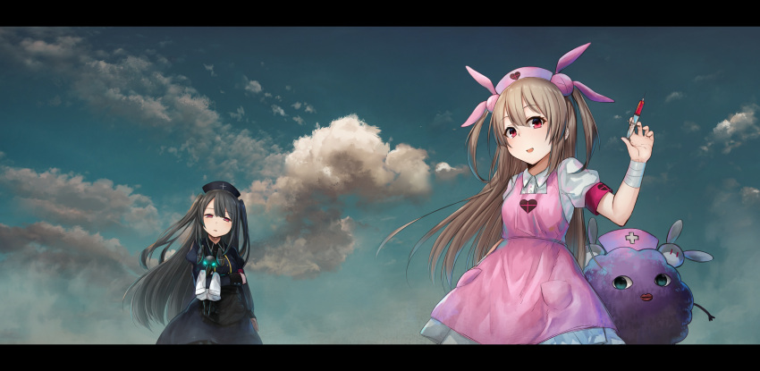 &gt;_&lt; 2girls :d absurdres akky_(akimi1127) apron arm_up armband bandage bandaged_arm bangs black_apron black_dress black_hair black_hat blue_sky bunny_hair_ornament center_frills clouds cloudy_sky collared_shirt commentary_request cross crossover day dress eyebrows_visible_through_hair frills hair_between_eyes hair_ornament hat head_tilt heart highres holding holding_syringe juliet_sleeves letterboxed light_brown_hair long_hair long_sleeves minai_karte multiple_girls natori_sana nurse nurse_cap object_hug open_mouth outdoors pink_apron pink_hat pleated_skirt puffy_short_sleeves puffy_sleeves red_eyes saana-kun sana_channel shirt short_sleeves skirt sky smile syringe two_side_up very_long_hair virtual_clinic virtual_youtuber waist_apron white_shirt white_skirt