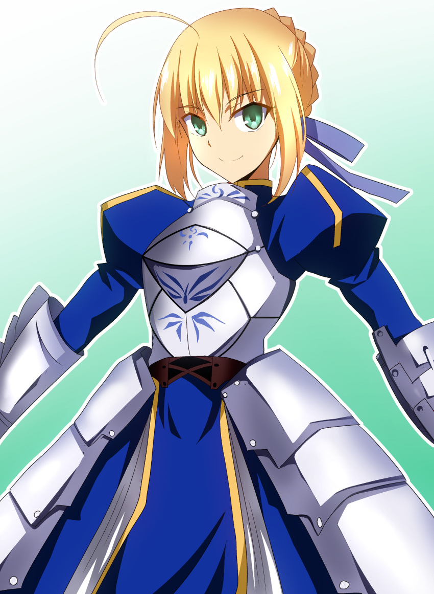 1girl ahoge armor armored_dress artoria_pendragon_(all) blonde_hair braid fate/stay_night fate_(series) french_braid gauntlets gradient gradient_background green_background green_eyes hair_bun hera_(hara0742) highres looking_at_viewer saber sidelocks smile solo