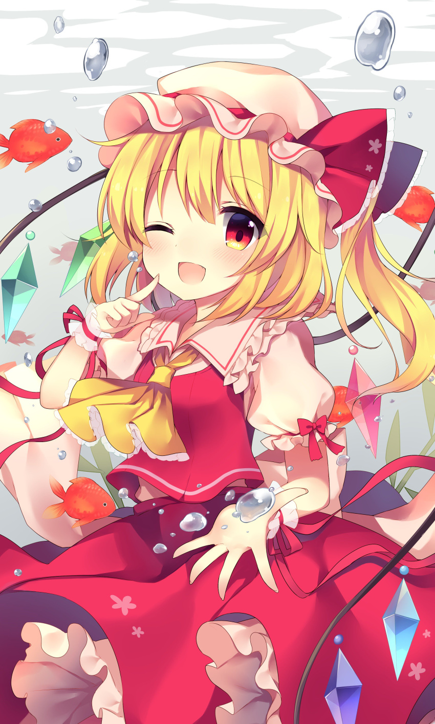 1girl ;d absurdres air_bubble ascot blonde_hair blush bow bubble crystal eyebrows_visible_through_hair fish flandre_scarlet frilled_shirt_collar frills goldfish hand_up hat hat_ribbon highres looking_at_viewer mob_cap one_eye_closed one_side_up open_mouth petticoat pointing pointing_at_self puffy_short_sleeves puffy_sleeves red_bow red_eyes red_ribbon red_skirt red_vest ribbon ruhika short_hair short_sleeves skirt smile solo touhou underwater vest white_hat wings wrist_cuffs yellow_neckwear