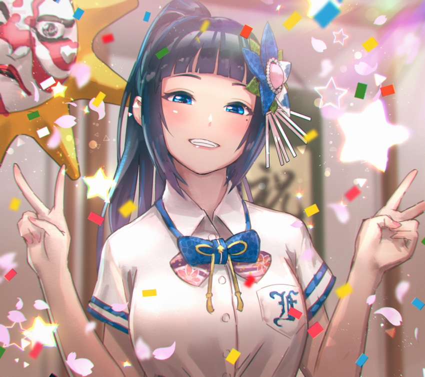 1girl aoi_ch. bangs black_hair blue_bow blue_eyes blunt_bangs blush bow breasts commentary confetti double_v fuji_aoi hair_ornament highres kaburagi_yasutaka large_breasts long_hair looking_at_viewer mole mole_under_eye party ponytail school_uniform shirt short_sleeves sidelocks smile solo star v virtual_youtuber white_shirt