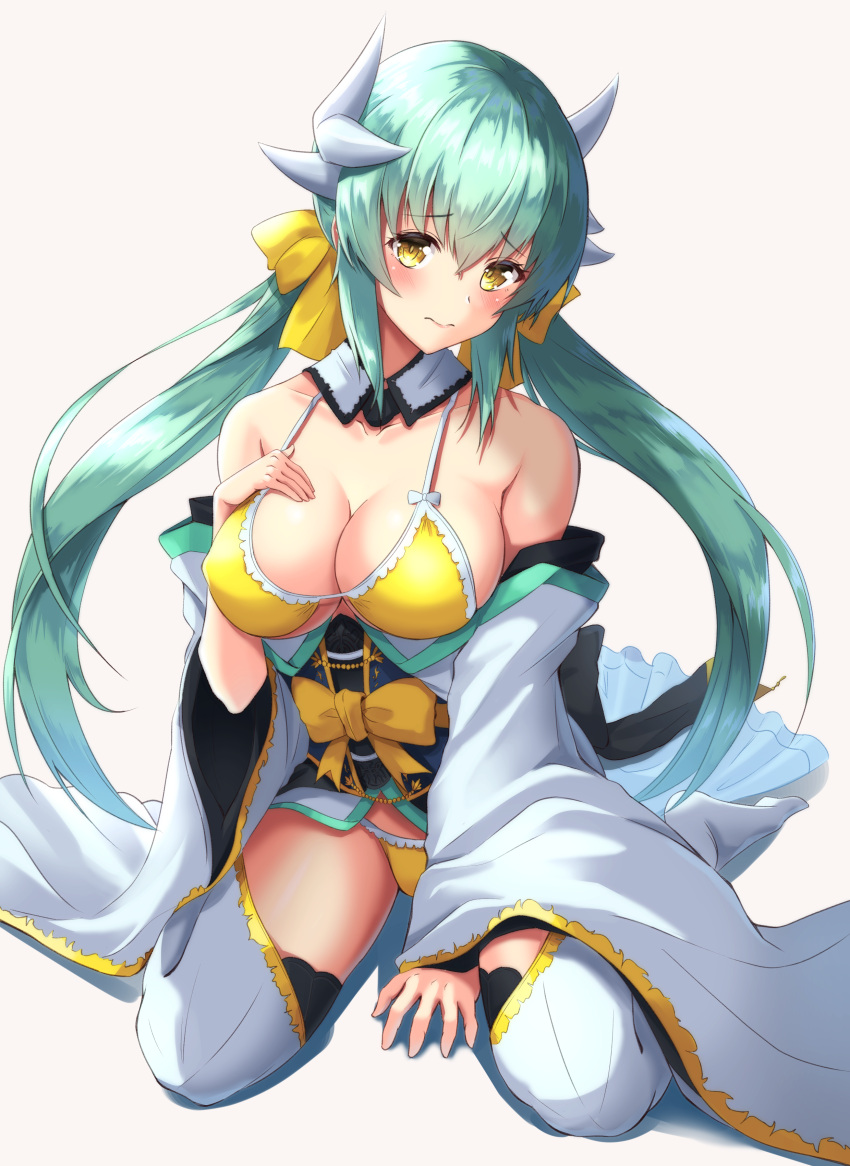 1girl absurdres alternate_hairstyle aqua_hair bare_shoulders bikini blush bow breasts cleavage collarbone commentary_request detached_collar eyebrows_visible_through_hair fate/grand_order fate_(series) full_body furan_(pixiv20237436) hair_between_eyes hair_bow hand_on_own_chest head_tilt highres horns japanese_clothes kiyohime_(fate/grand_order) kiyohime_(swimsuit_lancer)_(fate) large_breasts layered_clothing long_hair looking_at_viewer ribbon sideboob simple_background sitting solo swimsuit thigh-highs thighs twintails wariza white_legwear wide_sleeves yellow_bikini yellow_eyes yellow_ribbon