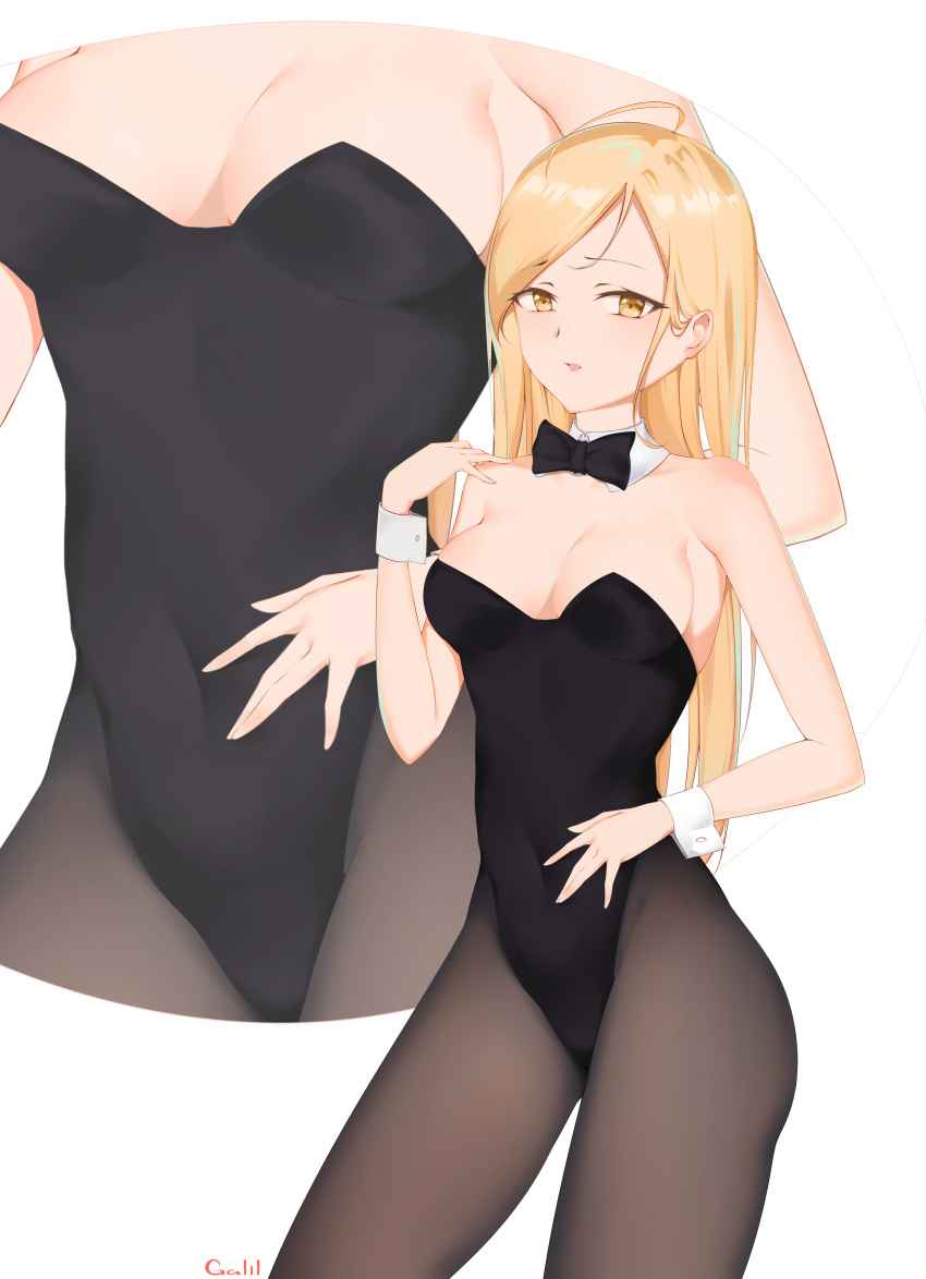 1girl absurdres ahoge alter_sang artist_name bare_shoulders black_legwear black_leotard blonde_hair bow bowtie breasts bunnysuit cleavage covered_navel detached_collar eyebrows_visible_through_hair galil_(girls_frontline) girls_frontline highleg highleg_leotard highres hips leotard long_hair looking_at_viewer medium_breasts open_mouth pantyhose playboy_bunny_leotard solo straight_hair strapless strapless_leotard wrist_cuffs yellow_eyes zoom_layer