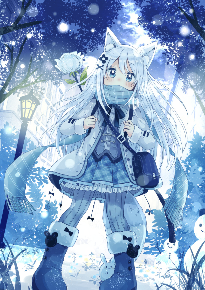1girl absurdres animal_ears bag bangs blue blue_eyes blush boots coat commentary_request flower fur-trimmed_boots fur_trim hair_flower hair_ornament highres holding_strap lamppost long_hair long_sleeves looking_at_viewer messenger_bag neck_ribbon original outdoors pantyhose pleated_skirt rabbit ribbon sakura_oriko scarf scarf_over_mouth shoulder_bag skirt snow snowing snowman solo standing striped striped_legwear striped_scarf tail tree vertical-striped_legwear vertical_stripes white_flower white_hair winter x_hair_ornament