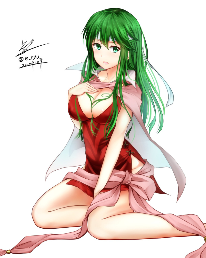 1girl breasts cape chiki chiki_(cosplay) cleavage cosplay dress eeryuu_(2004107) fire_emblem fire_emblem:_kakusei fire_emblem:_mystery_of_the_emblem fire_emblem_heroes green_eyes green_hair headband highres long_hair open_mouth paola pelvic_curtain red_dress simple_background sitting solo twitter_username white_background