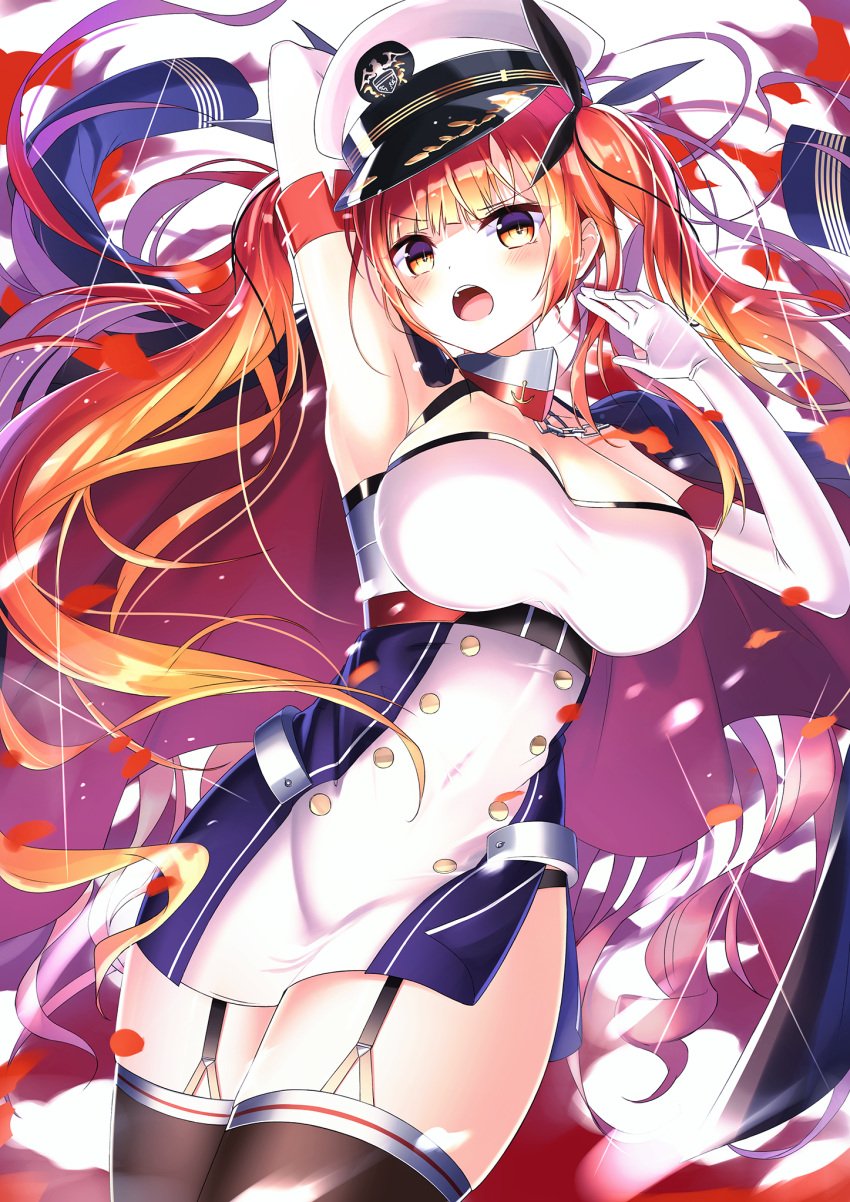 1girl azur_lane black_legwear black_ribbon blush breasts cleavage dress elbow_gloves eyebrows_visible_through_hair gloves hair_ribbon hat highres honolulu_(azur_lane) jacket large_breasts long_hair open_mouth red_eyes redhead ribbon satou_(3366_s) short_dress solo twintails white_gloves