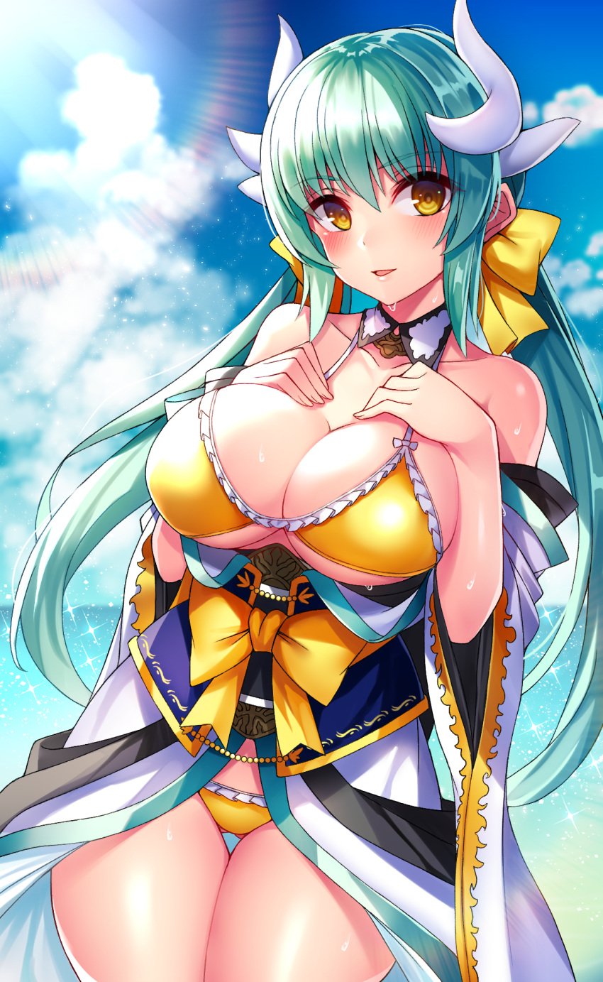 1girl aqua_hair beeyan bikini blush bow breast_suppress breasts cleavage clouds collarbone detached_collar dragon_horns fate/grand_order fate_(series) gluteal_fold hair_bow highres horns japanese_clothes kiyohime_(fate/grand_order) kiyohime_(swimsuit_lancer)_(fate) large_breasts long_hair looking_at_viewer ocean open_mouth sky smile solo swimsuit thigh_gap yellow_bikini yellow_eyes