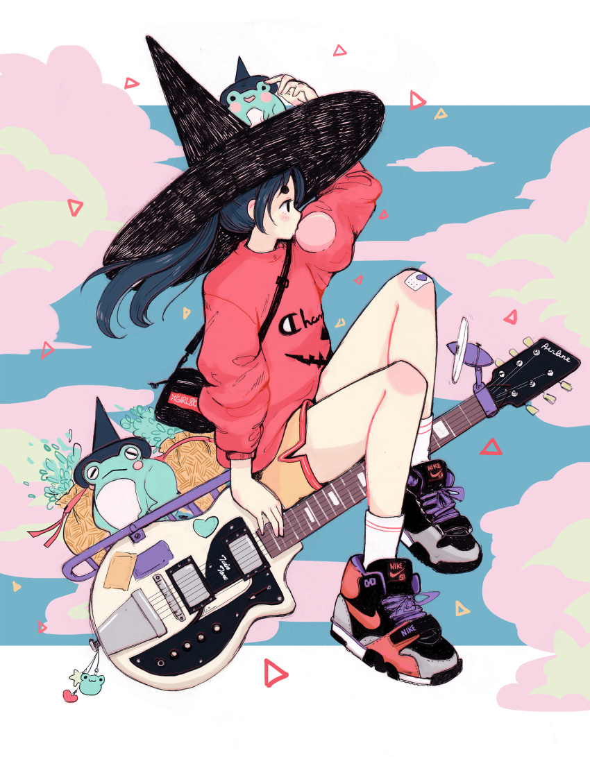 1girl blue_hair blush bubble_blowing chewing_gum clouds crisalys electric_guitar fan frog guitar hat heart highres instrument long_hair long_sleeves looking_to_the_side nike original ponytail puffy_sleeves red_shirt riding shirt shoelaces shoes shorts sidelocks sitting sneakers solo star triangle witch witch_hat