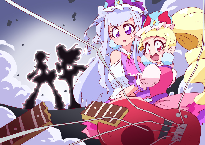 4girls absurdres aisaki_emiru bangs bare_shoulders blunt_bangs bow bowtie cure_amour cure_black cure_macherie cure_white dress drill_hair earrings frilled_dress frills futari_wa_precure gloves guitar highres hugtto!_precure instrument jewelry long_hair magical_girl multicolored multiple_girls otokamu precure puffy_short_sleeves puffy_sleeves ruru_amour short_sleeves white_gloves