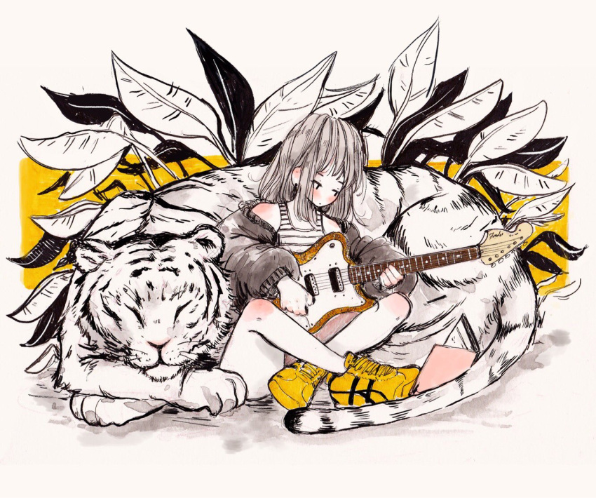 1girl animal bangs bare_shoulders blush book crisalys earrings electric_guitar grey_hair guitar indian_style instrument jacket jewelry leaf limited_palette long_hair long_sleeves looking_at_book music off_shoulder original plant playing_instrument shoes simple_background sitting sleeping sneakers solo tank_top tiger white_background white_tiger yellow_footwear