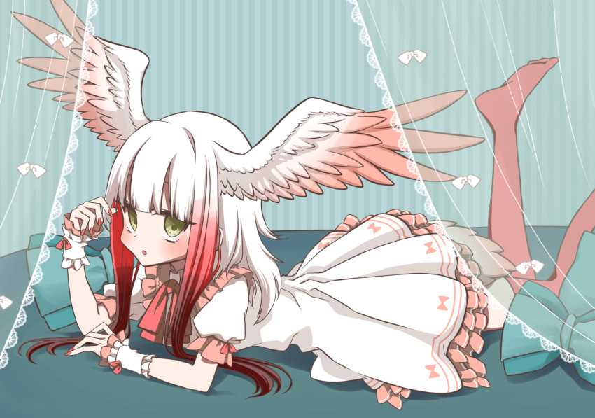 1girl alternate_costume bangs bed bird_tail bird_wings canopy_bed commentary_request dress frilled_dress frills gradient_hair green_eyes head_wings japanese_crested_ibis_(kemono_friends) kemono_friends lying multicolored_hair nail_polish neck_ribbon on_bed on_stomach petit_ramune puffy_short_sleeves puffy_sleeves red_nails redhead ribbon short_sleeves sidelocks sleeve_cuffs solo thigh-highs white_hair wings