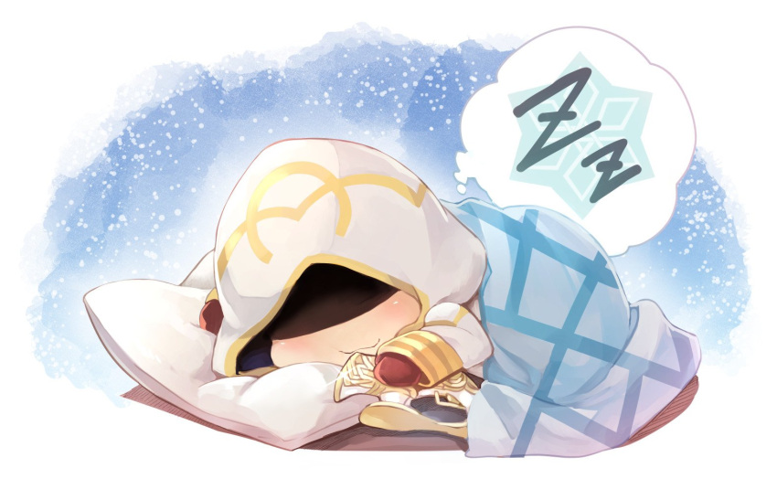 1boy chibi fire_emblem fire_emblem_heroes gloves hood male_focus nakabayashi_zun open_mouth simple_background sleeping smile solo summoner_(fire_emblem_heroes)