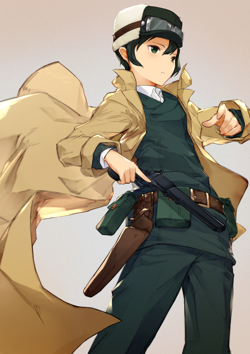 1girl absurdres bangs belt belt_buckle black_hair brown_belt buckle coat goggles goggles_on_headwear green_eyes green_pants gun hair_between_eyes hat highres holding holding_gun holding_weapon holster kino kino_no_tabi legs_apart long_sleeves open_clothes open_coat pants pouch reverse_trap short_hair solo standing trigger_discipline weapon yashigaras