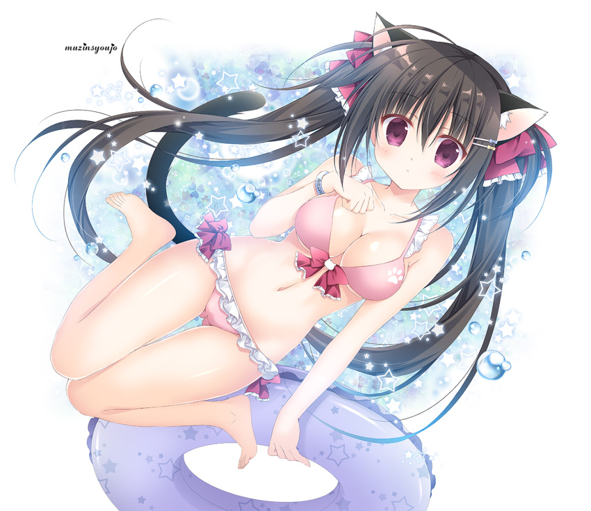 1girl :&lt; ahoge animal_ears bikini black_hair bracelet cat_ears cat_tail commentary_request eyebrows_visible_through_hair floater frilled_bikini frills hair_between_eyes hair_ornament hair_ribbon hairclip hand_on_own_chest highres jewelry korie_riko long_hair looking_at_viewer original pink_bikini ribbon sitting solo swimsuit tail twintails violet_eyes wariza