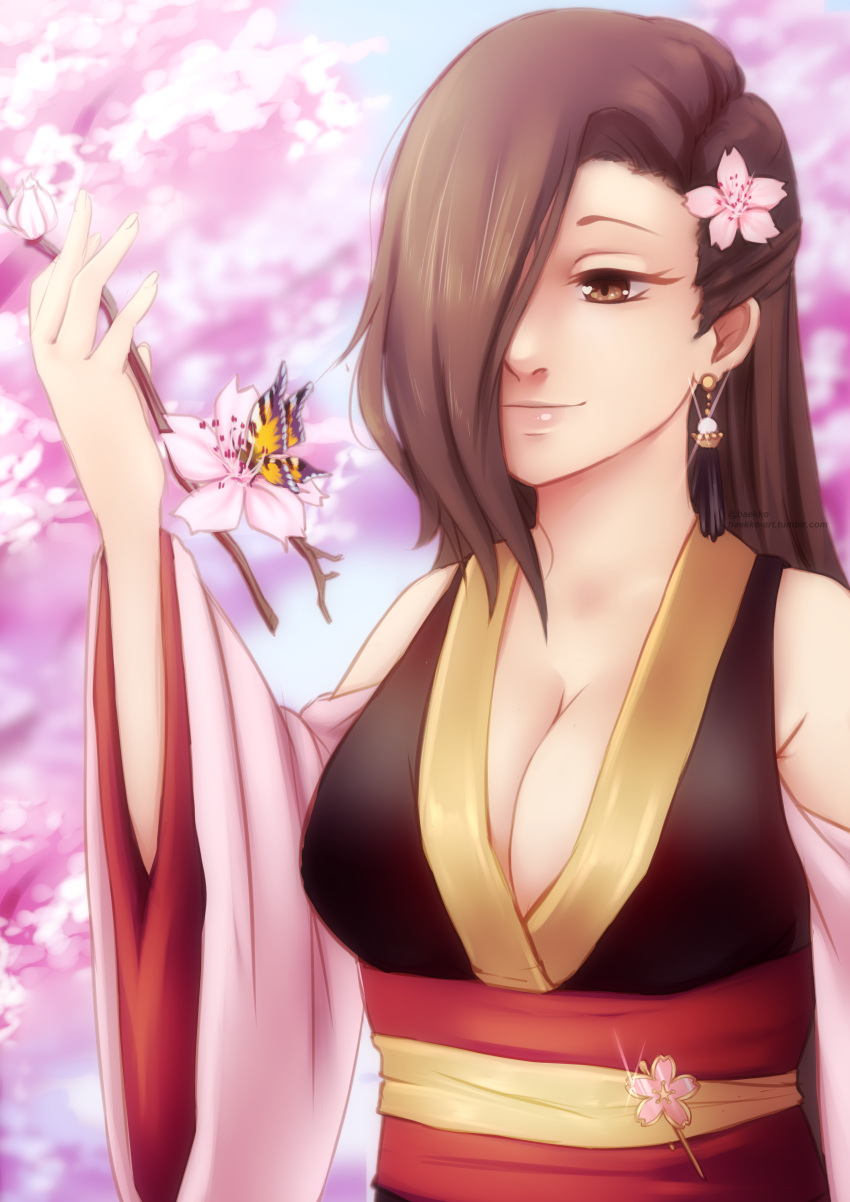 1girl absurdres baekko bangs bare_shoulders black_kimono branch breasts brown_eyes brown_hair bug butterfly cherry_blossoms cleavage earrings fire_emblem fire_emblem_heroes fire_emblem_if flower hair_flower hair_ornament hair_over_one_eye highres insect japanese_clothes jewelry kagerou_(fire_emblem_if) kimono large_breasts long_hair ninja obi pink_lips ponytail sash sleeveless sleeveless_kimono smile solo wide_sleeves