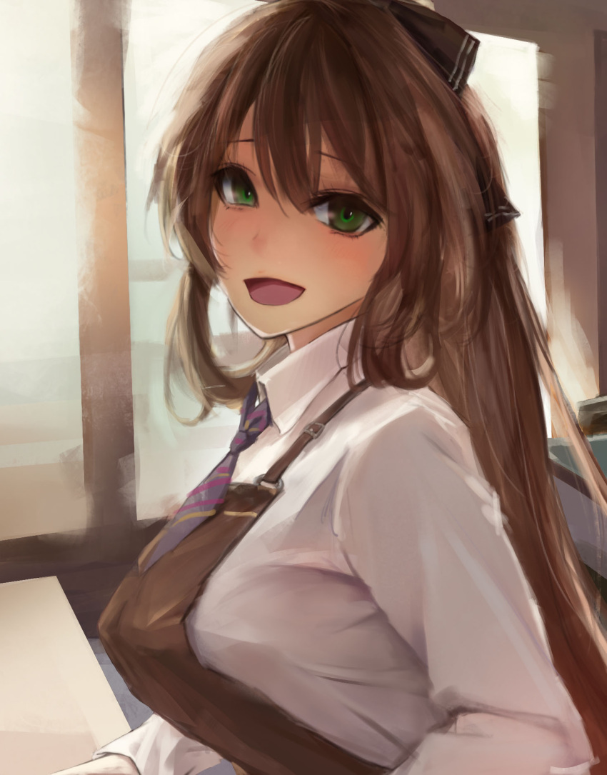 1girl :d akashic alternate_costume bangs blush breasts brown_apron brown_hair collared_shirt commentary_request day eyebrows_visible_through_hair eyelashes eyes_visible_through_hair from_side girls_frontline green_eyes hair_between_eyes hair_ribbon hair_rings happy highres large_breasts long_hair long_sleeves looking_at_viewer looking_to_the_side m1903_springfield_(girls_frontline) necktie open_mouth parted_bangs ponytail raised_eyebrows ribbon shirt short_necktie sidelocks smile solo upper_body white_shirt wing_collar