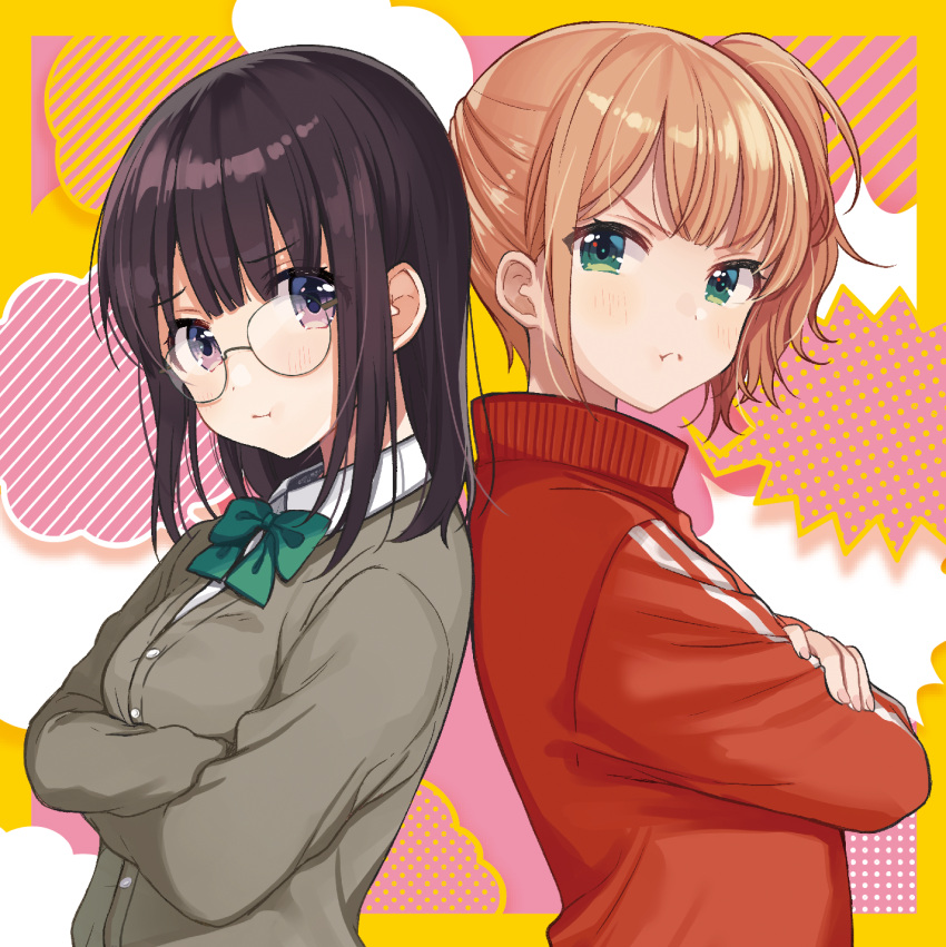 &gt;:( 2girls :t album_cover aqua_neckwear back-to-back bangs black_hair blazer bow bowtie commentary_request cover crossed_arms glasses green_eyes grey_jacket highres jacket light_brown_hair long_sleeves looking_at_viewer medium_hair multiple_girls original pout red_jacket round_eyewear shigure_ui side_ponytail speech_bubble track_jacket upper_body v-shaped_eyebrows violet_eyes