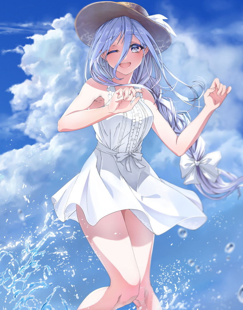 1girl :d ;d armpits bare_legs bare_shoulders blue_eyes blue_hair blue_sky braid breasts clouds cloudy_sky date_a_live day dress hair_between_eyes hair_ribbon hands_up hat hat_ribbon highres long_hair looking_at_viewer medium_breasts mikaisha one_eye_closed open_mouth outdoors ribbon silver_hair sky smile solo splashing straw_hat sundress takamiya_mio upper_teeth very_long_hair water white_dress white_ribbon