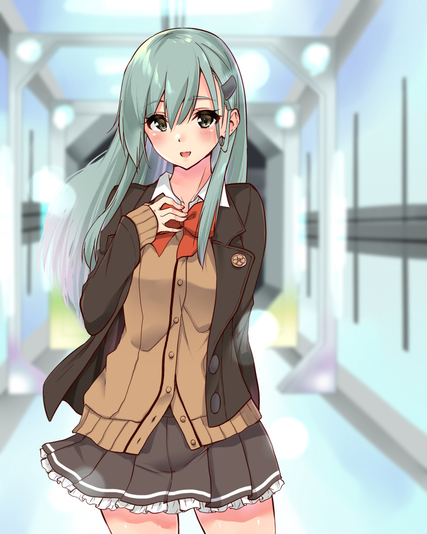 1girl :d absurdres blazer bow bowtie brown_cardigan brown_eyes brown_jacket brown_skirt cardigan cowboy_shot eyebrows_visible_through_hair frilled_skirt frills green_hair hair_between_eyes hair_ornament hairclip highres indoors jacket kantai_collection long_hair looking_at_viewer miniskirt open_blazer open_clothes open_jacket open_mouth pleated_skirt red_bow sarfata shiny shiny_hair skirt smile solo standing suzuya_(kantai_collection)