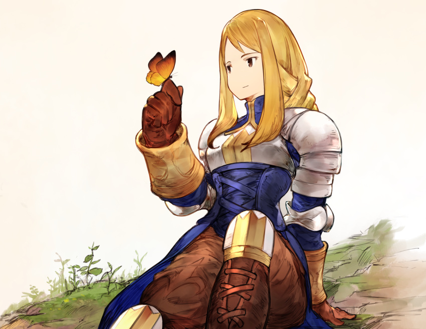 1girl absurdres agrias_oaks arm_behind_back arm_support armor blonde_hair braid breastplate brown_eyes brown_gloves bug butterfly closed_mouth final_fantasy final_fantasy_tactics gloves grass hand_up highres insect knee_pads leaf long_hair no_nose official_style plant shoulder_pads sidelocks single_braid sitting smile solo yashigaras
