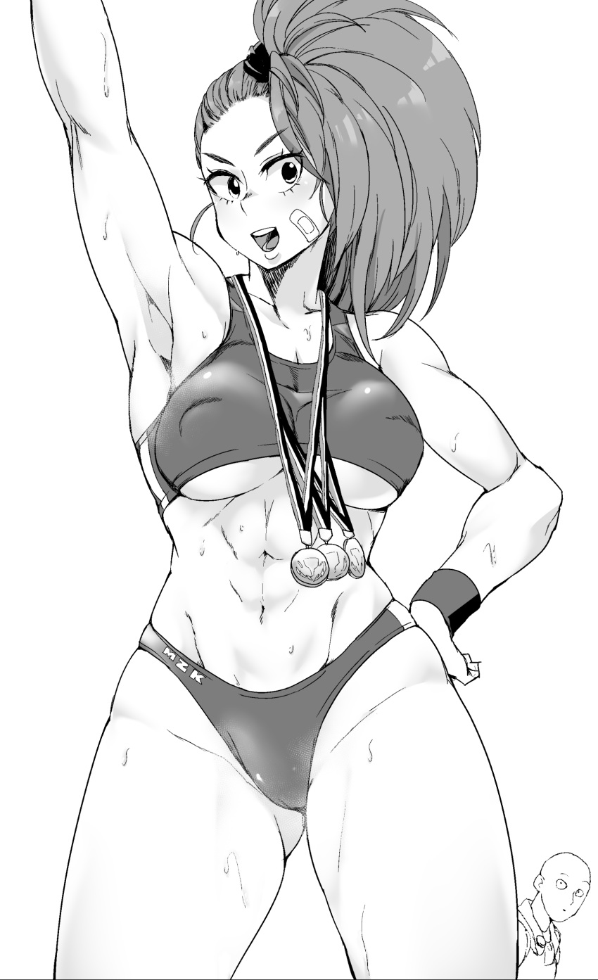 1boy 1girl abs absurdres arm_up armpits bald bandaid bare_shoulders biceps blush breasts buruma captain_mizuki cowboy_shot erect_nipples greyscale groin hand_on_hip highres looking_at_viewer medal medium_breasts minakami_(flyingman555) monochrome muscle muscular_female navel one-punch_man open_mouth ponytail saitama_(one-punch_man) simple_background smile sports_bra standing steam sweat toned under_boob white_background wristband