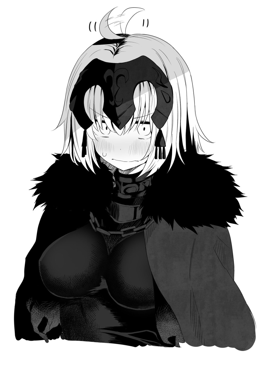 ahoge ahoge_wag blush bob_cut breasts chains coat commentary commentary_request expressive_hair fate/grand_order fate_(series) greyscale highres jeanne_d'arc_(alter)_(fate) jeanne_d'arc_(fate)_(all) monochrome tanuki_(siutkm0228) upper_body