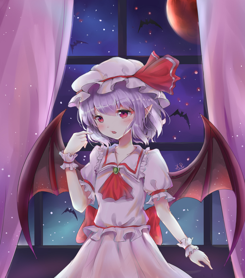 1girl absurdres bat bat_wings bracelet dress fang hat highres jewelry liuli88 looking_at_hand mob_cap moon night night_sky purple_hair red_moon remilia_scarlet short_hair sky touhou white_dress wings