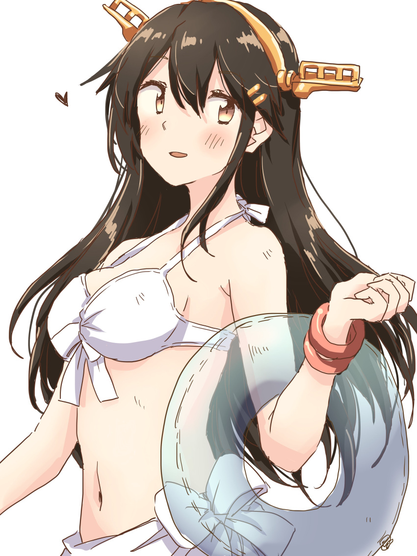 1girl absurdres any_(lucky_denver_mint) bare_shoulders black_hair bracelet brown_eyes hair_ornament hairclip haruna_(kantai_collection) headgear heart highres jewelry kantai_collection long_hair looking_at_viewer midriff navel signature simple_background smile solo white_background white_bikini_top