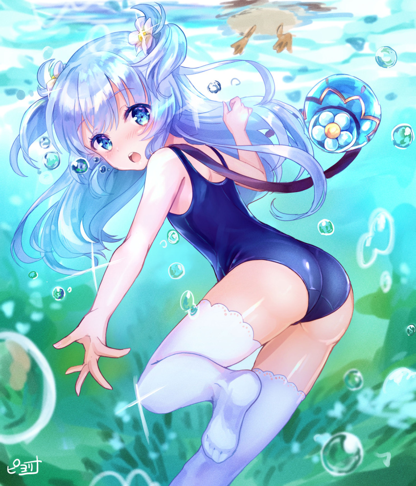 1girl :o ass baikamo_(flower_knight_girl) bird blue blue_eyes blue_hair blue_swimsuit bubble flower flower_knight_girl hair_flower hair_ornament highres long_hair looking_at_viewer open_mouth outstretched_hand piyoyanagi school_swimsuit signature solo swimsuit thigh-highs two_side_up underwater white_legwear