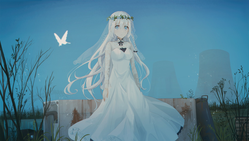 1girl bangs blue_eyes blue_sky braid breasts bridal_veil bug butterfly chihuri commentary crying crying_with_eyes_open day dress english_commentary eyebrows_visible_through_hair feet_out_of_frame frilled_dress frills grass hair_ribbon highres insect long_dress long_hair long_sleeves medium_breasts nuclear_powerplant original outdoors ribbon sky solo standing tears veil wedding_dress white_dress white_hair wreath