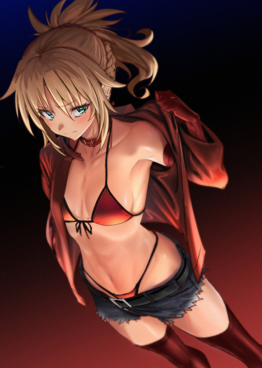 1girl absurdres bikini black_legwear blonde_hair blue_eyes blush braid breasts choker closed_mouth commentary_request cutoffs denim denim_shorts fate/apocrypha fate/grand_order fate_(series) french_braid gloves highres jacket long_hair looking_at_viewer medium_breasts mordred_(fate) mordred_(fate)_(all) navel open_clothes open_jacket red_bikini shiny shiny_hair shiny_skin shorts solo standing swimsuit thigh-highs ulrich_(tagaragakuin)
