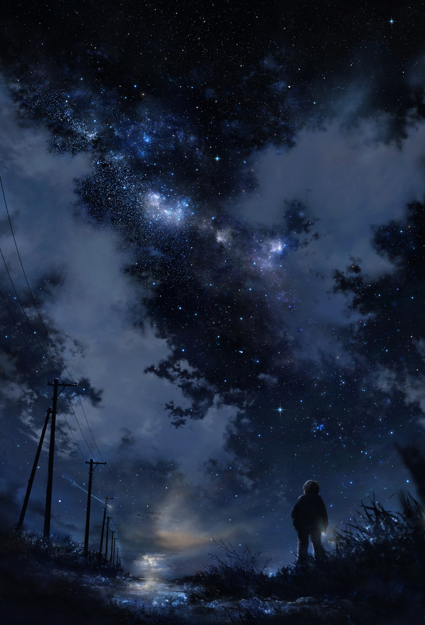 1boy absurdres clouds highres iy_tujiki lightning night night_sky original outdoors power_lines reflection scenery shooting_star sky solo standing star_(sky) starry_sky
