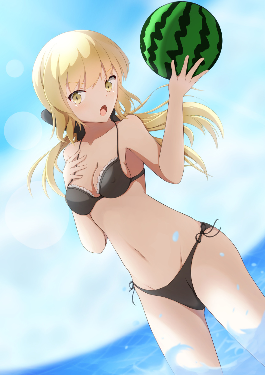 absurdres artoria_pendragon_(all) artoria_pendragon_(swimsuit_rider_alter) bikini black_bikini black_ribbon blonde_hair blue_sky breasts clouds cowboy_shot fate/grand_order fate/stay_night fate_(series) fisheye food fruit groin hair_ribbon hand_on_own_chest highres horizon inora lens_flare long_hair looking_at_viewer navel ocean open_mouth outdoors partially_submerged ribbon saber_alter side-tie_bikini sky small_breasts solo swimsuit water watermelon yellow_eyes