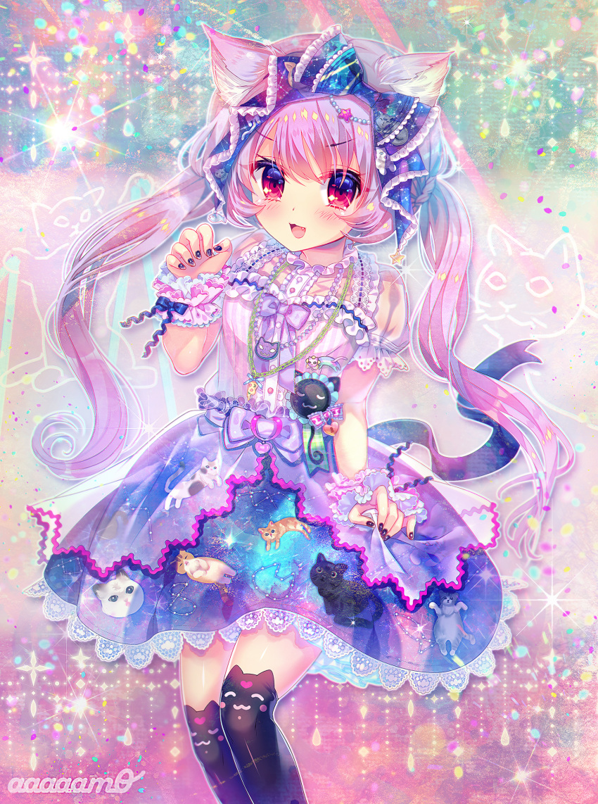 1girl :d amo animal_band_legwear animal_ears animal_print artist_name badge black_legwear black_nails blue_bow blue_dress blush bow button_badge cat_band_legwear cat_ears cat_print center_frills chain_necklace commentary_request dress fang frilled_bow frills glitter hair_bow highres jewelry long_hair looking_at_viewer multicolored multicolored_clothes multicolored_dress nail_polish neck_ribbon open_mouth original over-kneehighs overskirt paw_pose pendant print_dress purple_dress purple_hair purple_neckwear ribbon sash skirt_hold smile solo sparkle thigh-highs twintails v-shaped_eyebrows violet_eyes wrist_cuffs