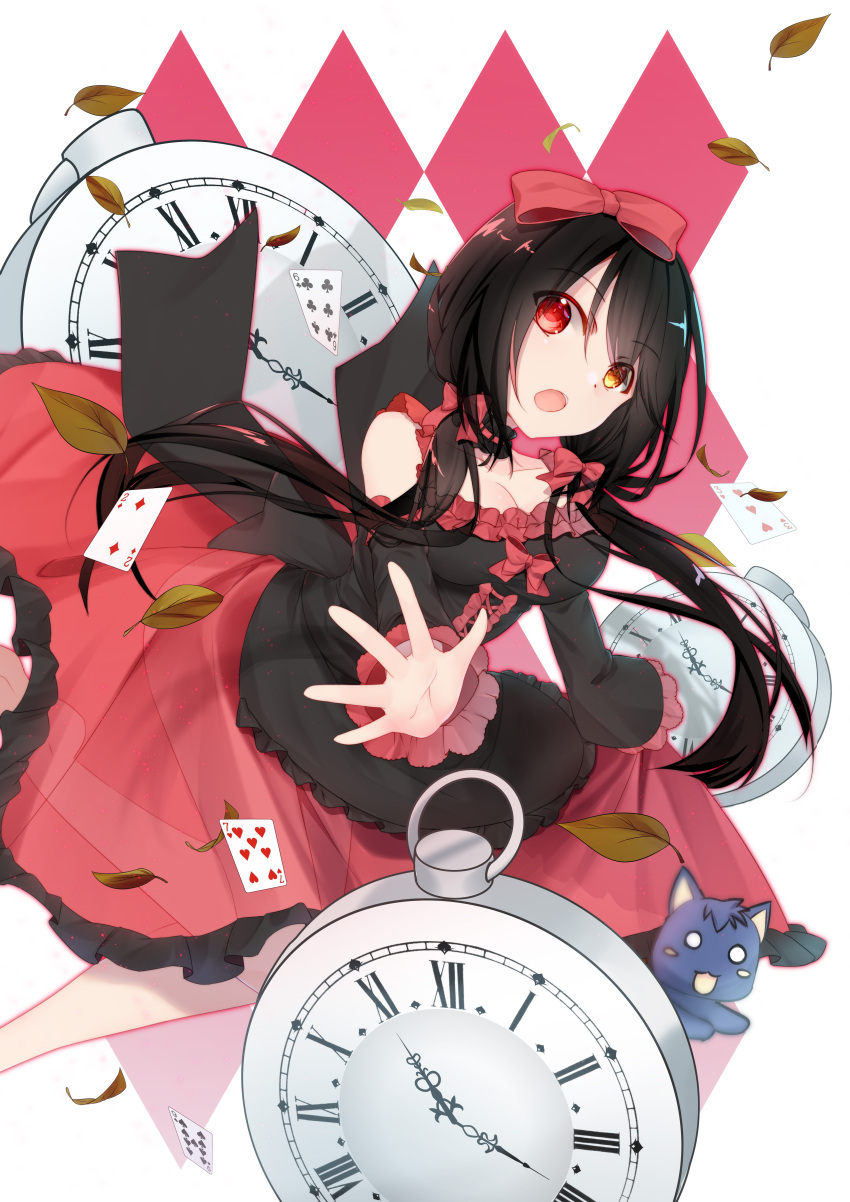 1girl :o absurdres alice_in_wonderland ass bare_legs bare_shoulders black_hair bow breasts card cat cleavage clock_eyes commentary commentary_request date_a_live detached_sleeves dress frilled_dress frills gothic_lolita hair_bow heterochromia highres leaf lolita_fashion long_hair looking_at_viewer medium_breasts mo_(pixiv9929995) multicolored multicolored_clothes multicolored_dress playing_card pocket_watch reaching_out red_bow red_eyes roman_numerals see-through skirt_hold solo symbol-shaped_pupils tokisaki_kurumi twintails watch yellow_eyes