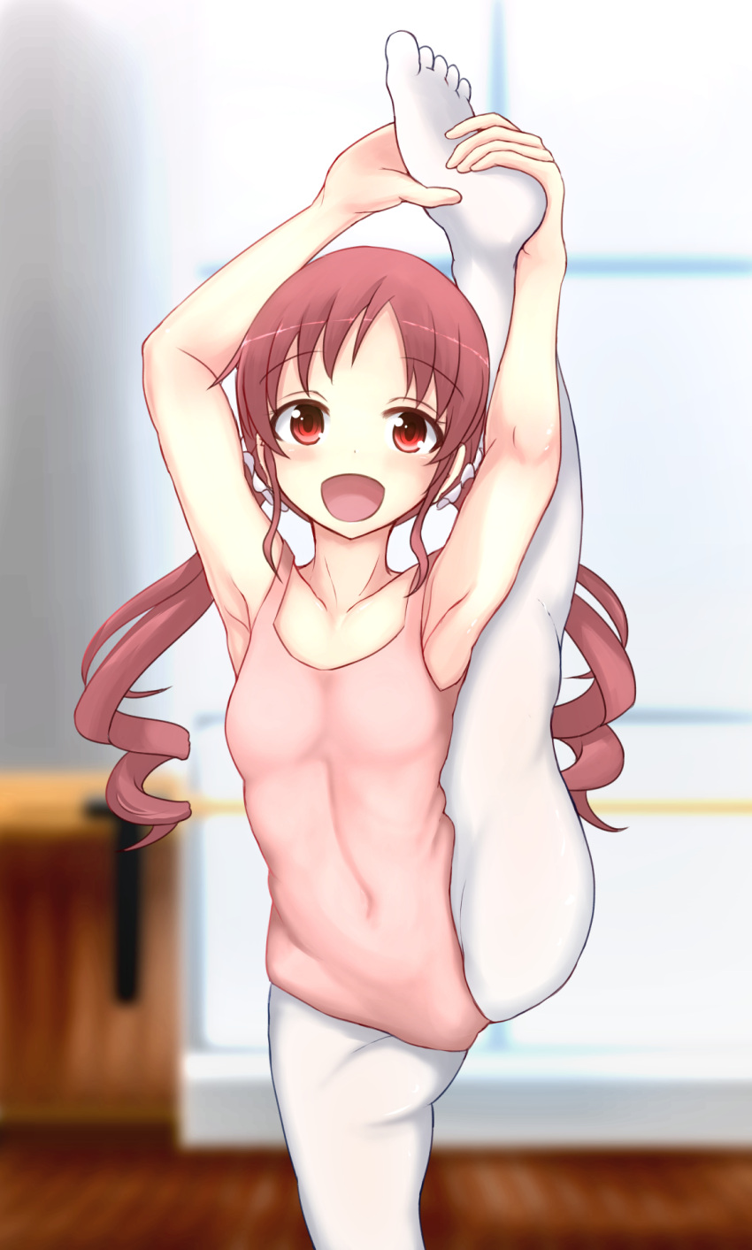 1girl armpits arms_up ballerina ballet ballet_leotard covered_navel gochuumon_wa_usagi_desu_ka? hands_on_own_feet highres leg_up legs leotard long_hair natsu_megumi open_mouth pantyhose pink_leotard red_eyes redhead scrunchie smile solo split standing standing_on_one_leg standing_split susa toes twintails white_legwear