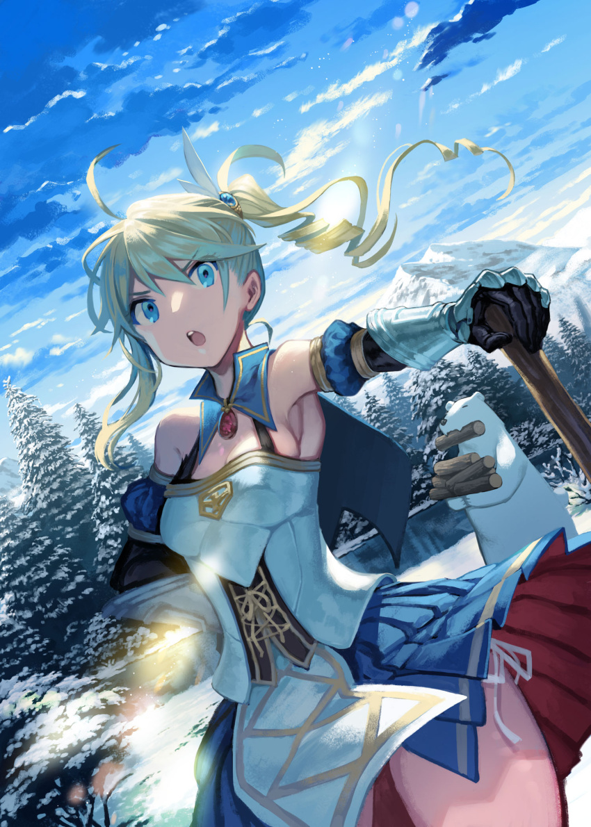 :o ahoge armpits bear black_gloves blue_capelet blue_eyes blue_skirt blue_sky breasts capelet cleavage cover cover_page detached_sleeves drill_hair dutch_angle firewood gauntlets gloves highres kururi lake mountain official_art outdoors shirokuma_tensei skirt sky snow standing sunlight tree twintails