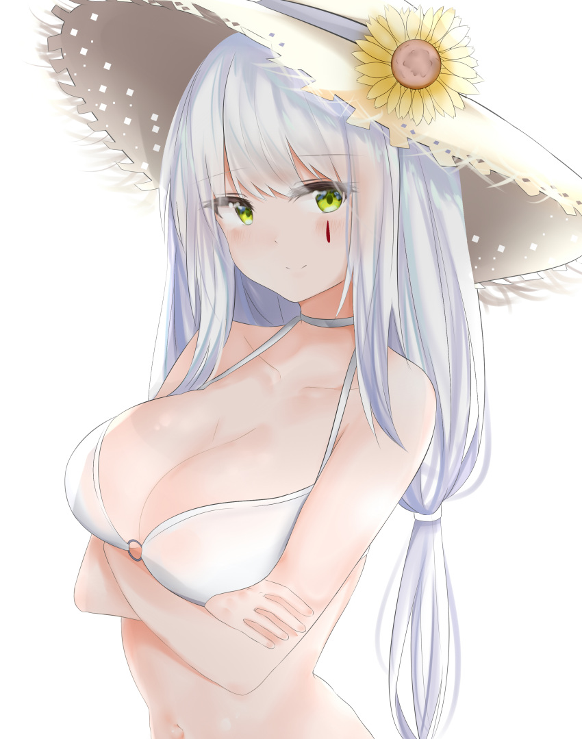 1girl absurdres alternate_costume bangs bare_shoulders bikini blush breasts cleavage closed_mouth collarbone crossed_arms eyebrows_visible_through_hair facial_mark flower girls_frontline green_eyes hair_ornament hat highres hk416_(girls_frontline) long_hair looking_at_viewer low-tied_long_hair medium_breasts o-ring o-ring_top ru_zhai silver_hair simple_background smile solo sun_hat sunflower swimsuit teardrop very_long_hair white_background white_bikini