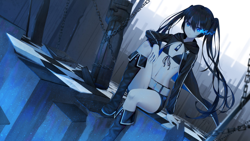 1girl arm_rest arm_support bangs bikini_top black_footwear black_hair black_hoodie black_rock_shooter black_rock_shooter_(character) black_shorts blue_eyes blurry blurry_foreground boots burning_eye chains checkered checkered_floor closed_mouth commentary_request depth_of_field dutch_angle expressionless fingernails flat_chest floating_hair front-tie_bikini front-tie_top hair_between_eyes highres hood hood_down hoodie ji_dao_ji knee_boots knee_up light_particles long_hair long_sleeves looking_away navel open_clothes open_hoodie pale_skin railing scar shorts sitting solo star stomach string_bikini twintails very_long_hair white_belt wind zipper_pull_tab