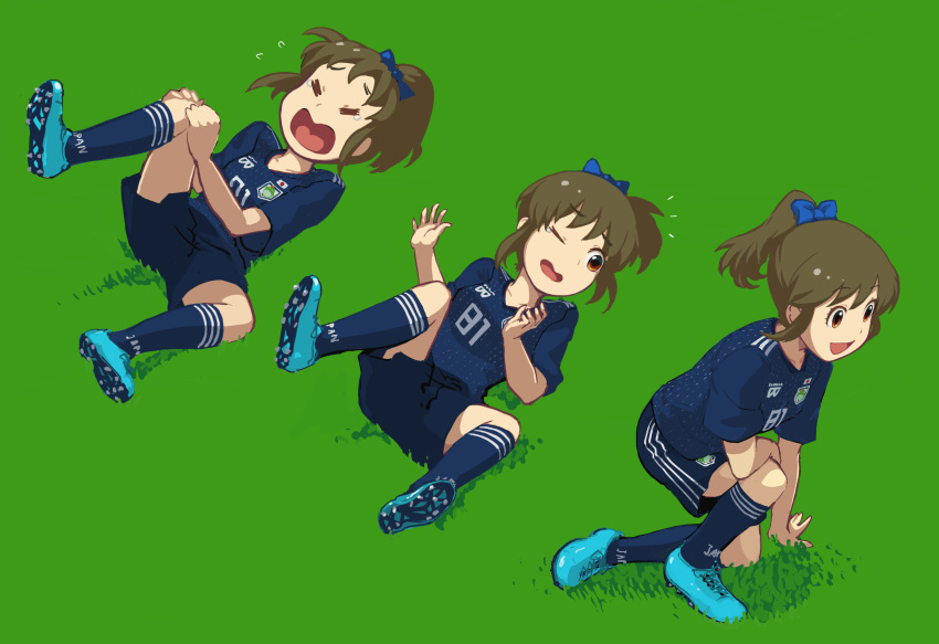 1girl :d absurdres brown_eyes brown_hair grass highres holding_legs hori_yuuko idolmaster idolmaster_cinderella_girls negy one_eye_closed open_mouth ponytail rolling shorts smile soccer soccer_uniform solo sportswear tears uniform