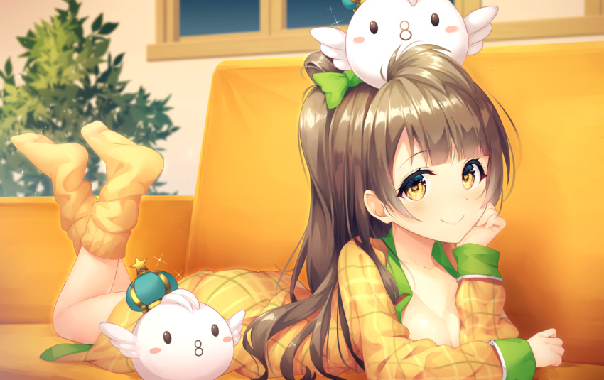 1girl bangs bow breasts brown_hair chin_rest cleavage couch feet_up green_bow grey_hair hair_bow indoors kokkeina_budou long_hair long_sleeves looking_at_viewer love_live! love_live!_school_idol_festival love_live!_school_idol_project lying minami_kotori minami_kotori_(bird) night object_on_head on_stomach one_side_up open_clothes open_shirt plaid_pajamas smile socks solo sparkle yellow_eyes yellow_legwear