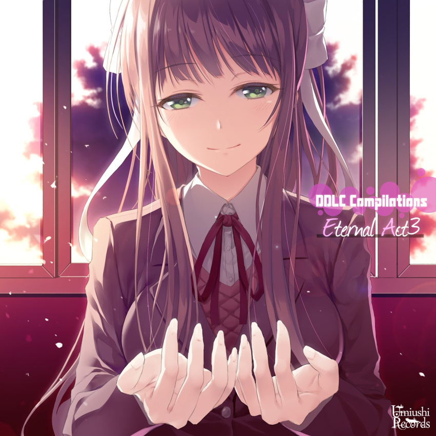 1girl album_cover artist_request brown_hair commentary cover cupping_hands doki_doki_literature_club english_commentary eyebrows_visible_through_hair green_eyes hair_ribbon highres indoors long_hair looking_at_viewer monika_(doki_doki_literature_club) ribbon school_uniform smile solo upper_body white_ribbon window
