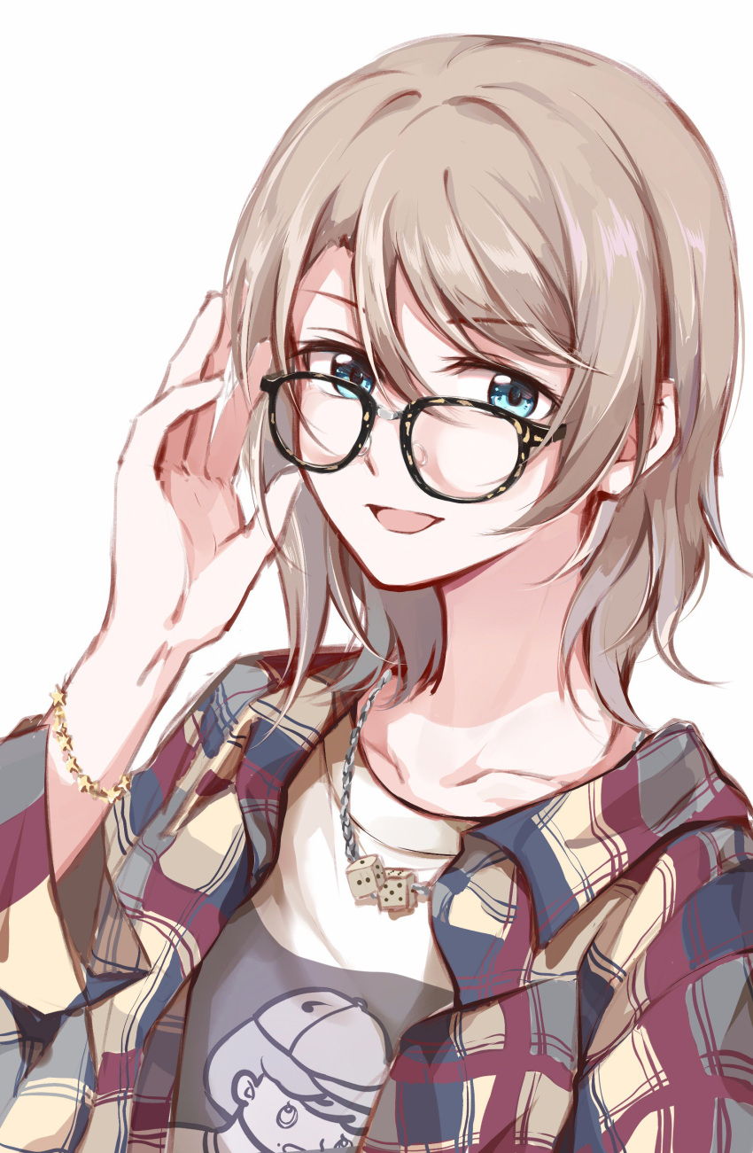1girl absurdres blue_eyes bracelet casual checkered gemi_25 glasses grey_hair highres jewelry looking_at_viewer love_live! love_live!_sunshine!! necklace open_mouth shirt short_hair smile solo t-shirt upper_body watanabe_you white_background