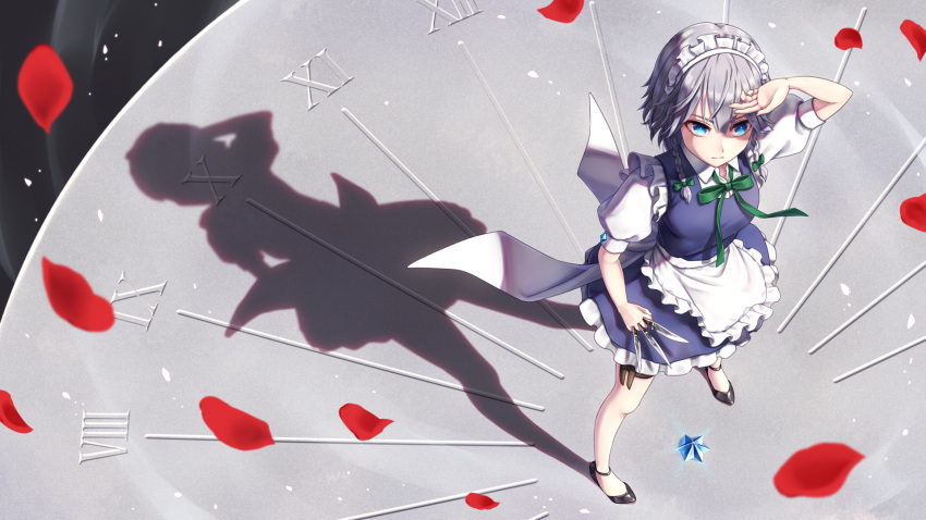 1girl apron arm_up black_footwear blue_dress blue_eyes bow braid breasts clock commentary dress dtvisu frilled_apron frills from_above full_body green_bow green_neckwear green_ribbon hair_between_eyes hair_bow highres holding holding_knife holding_weapon holster izayoi_sakuya knife knives_between_fingers maid maid_apron maid_headdress medium_breasts neck_ribbon petals petticoat puffy_short_sleeves puffy_sleeves ribbon roman_numerals shadow shoes short_hair short_sleeves silver_hair solo standing thigh_holster touhou twin_braids waist_apron weapon white_apron wing_collar